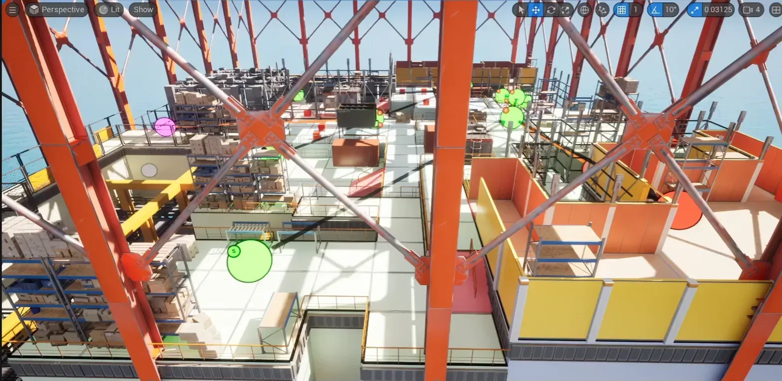 Cell Flow grid layout with meshes overlaid — offshore rig interior