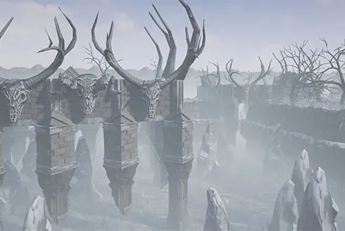 The same engine themed as a frozen wasteland — antlered pillars in fog