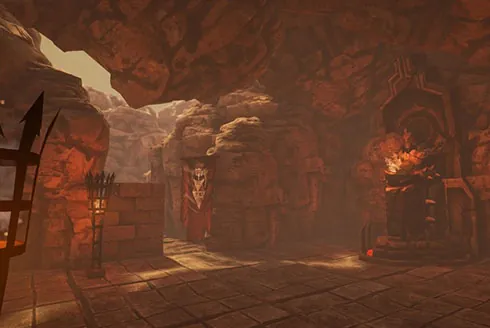 A level built with the Hell Forge theme — a torch-lit infernal cavern