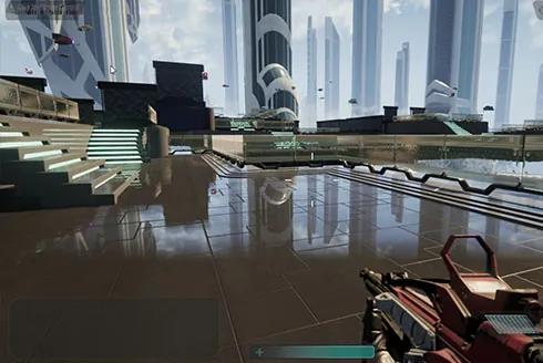 A level themed as a sci-fi city — glass towers over a reflective plaza