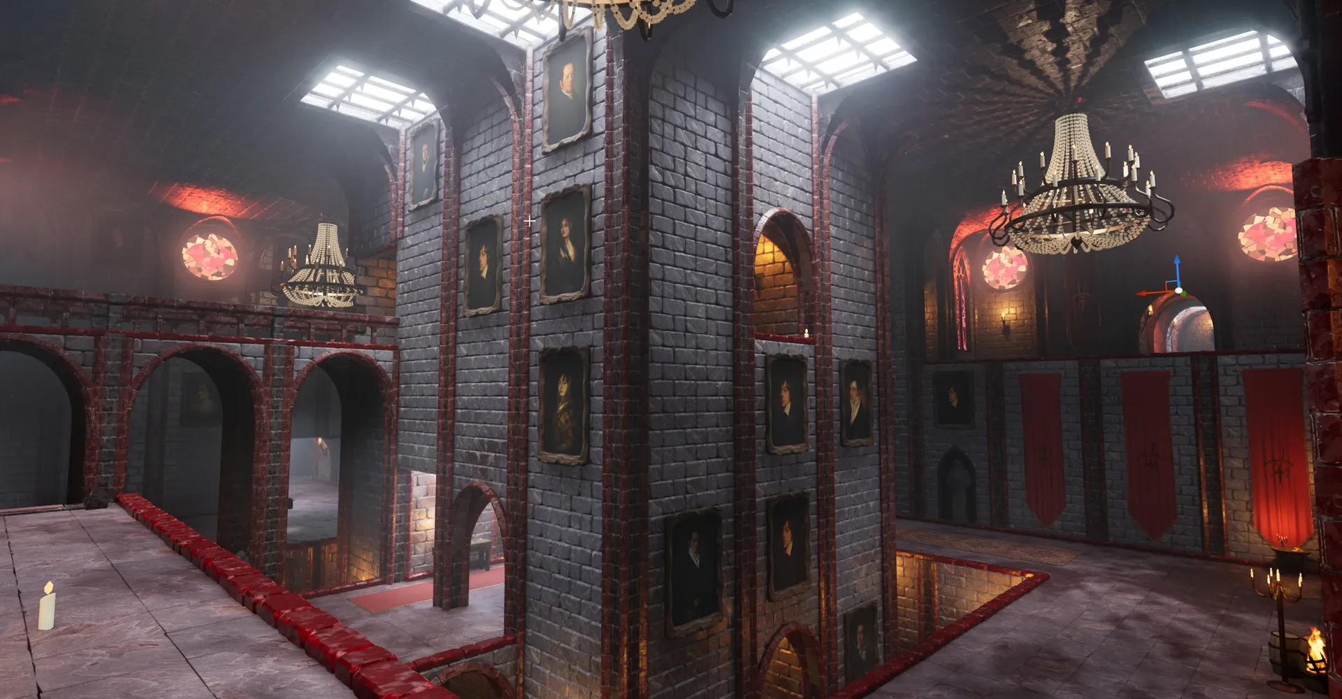 Gothic vampire castle hall with portrait galleries, chandeliers and stained glass