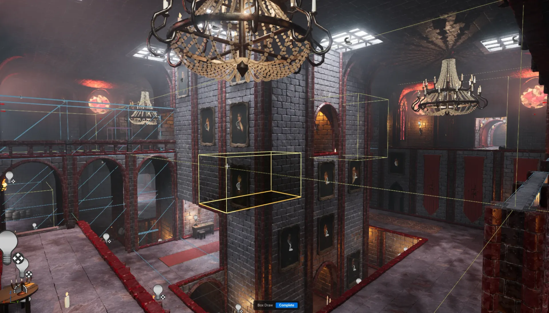 A Gothic Vampire Castle hall being designed in the Blockout Designer, the theme applied over the greybox