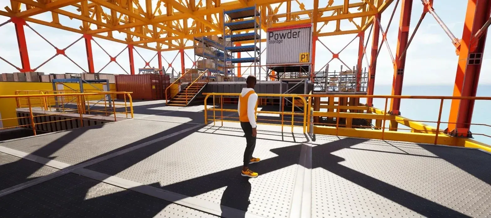 A player character on the open top deck of the finished oil rig, with the ocean behind