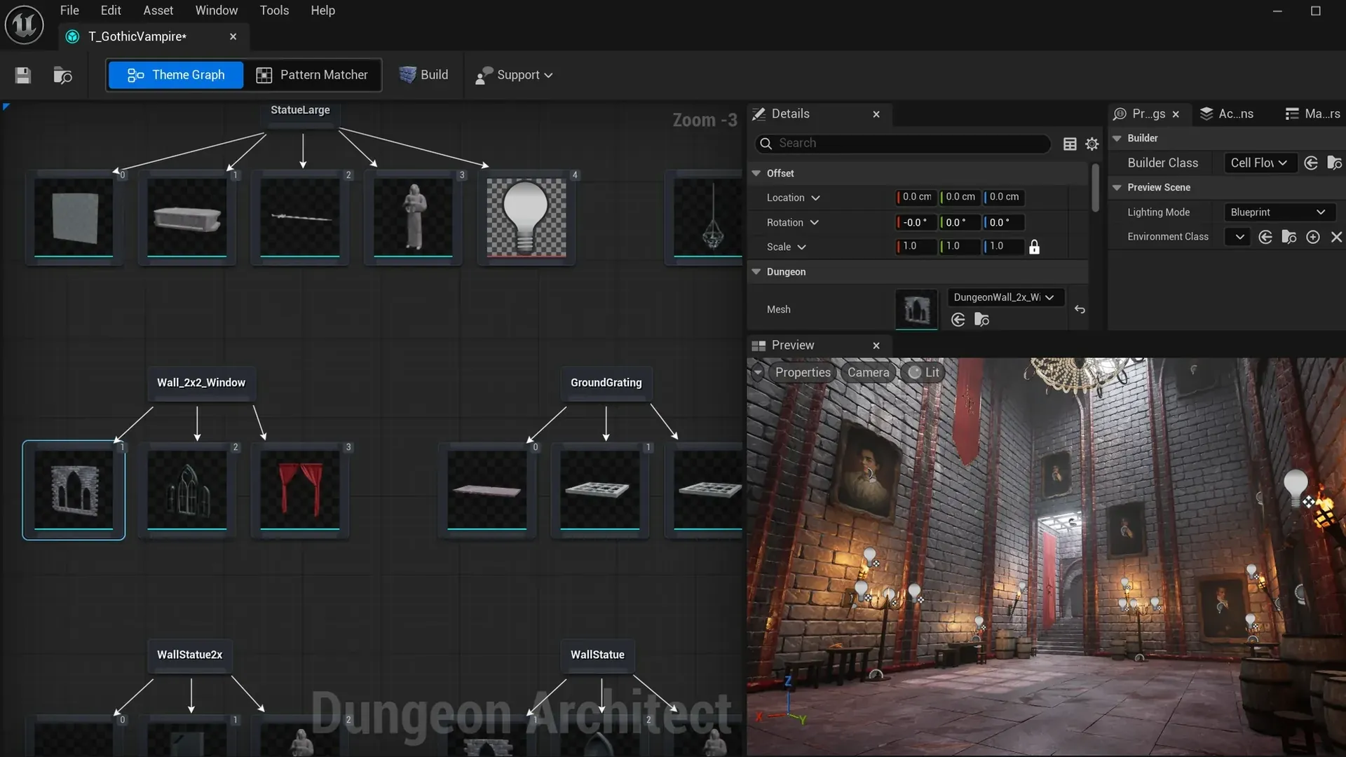 The theme editor with the gothic theme: marker nodes with their meshes, and a lit gothic hall in the preview