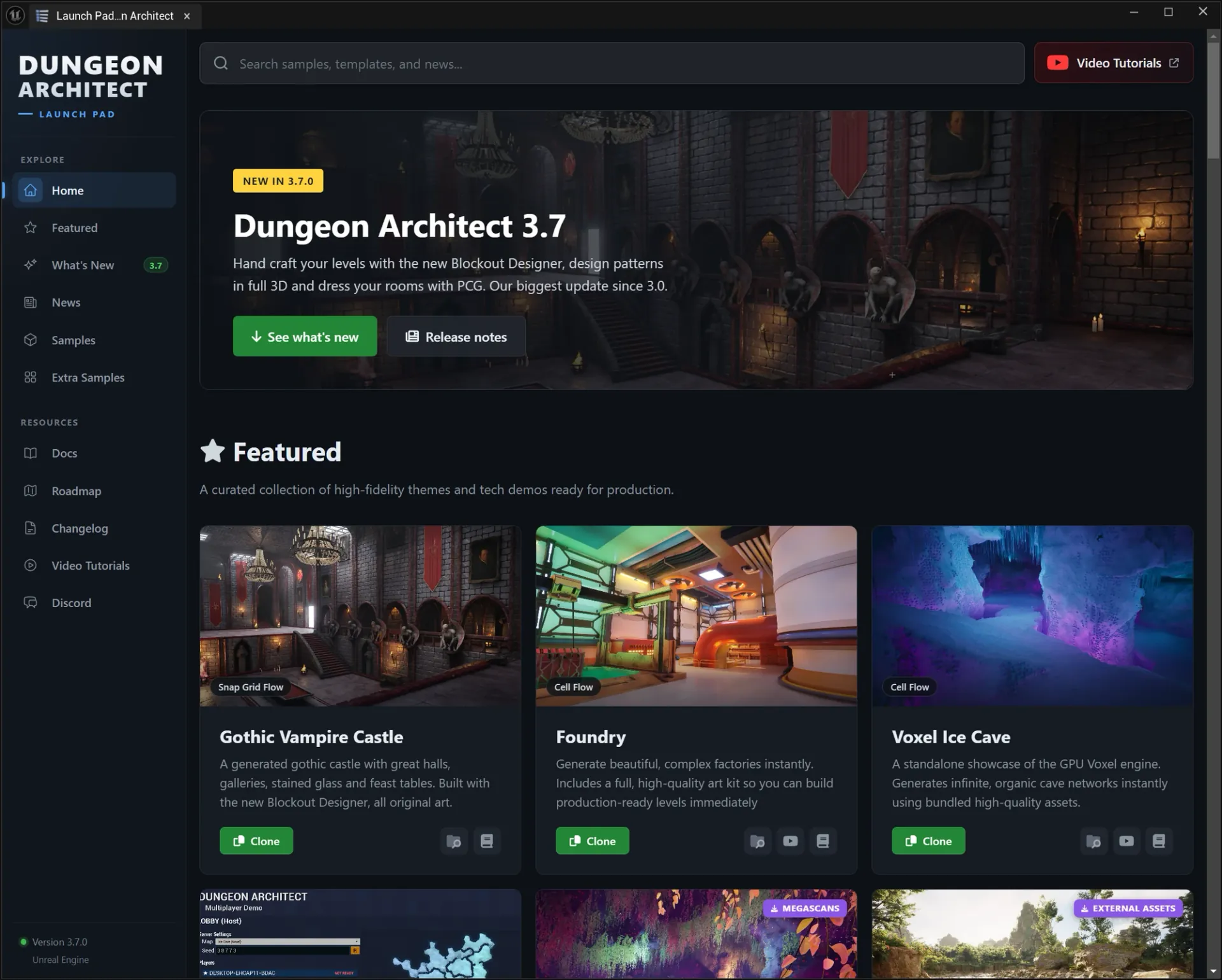 The Dungeon Architect 3.7 Launch Pad: the 3.7 banner, and featured samples including Gothic Vampire Castle, Foundry and Voxel Ice Cave, each one click to clone
