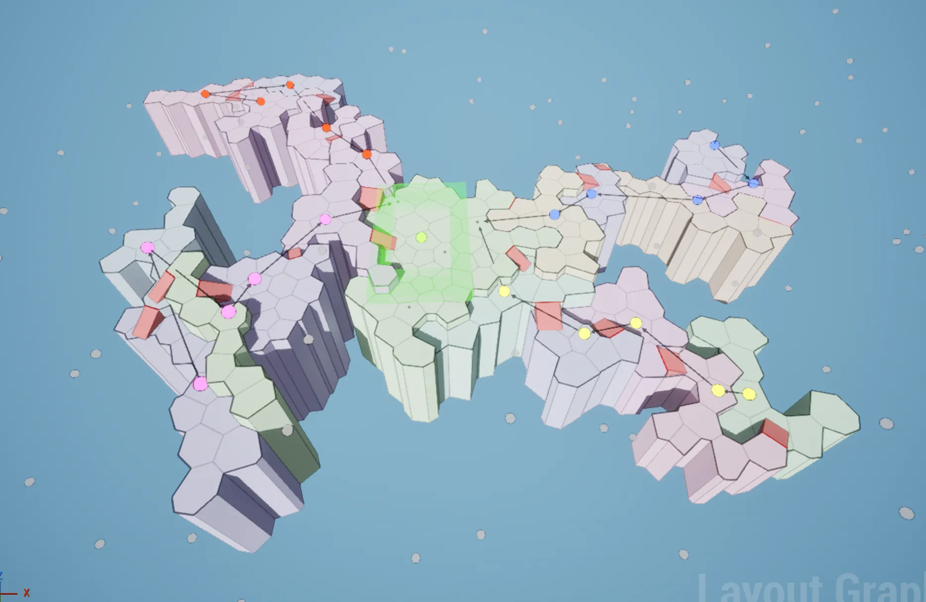 Four team paths converging on a shared center in a Cell Flow voronoi layout graph