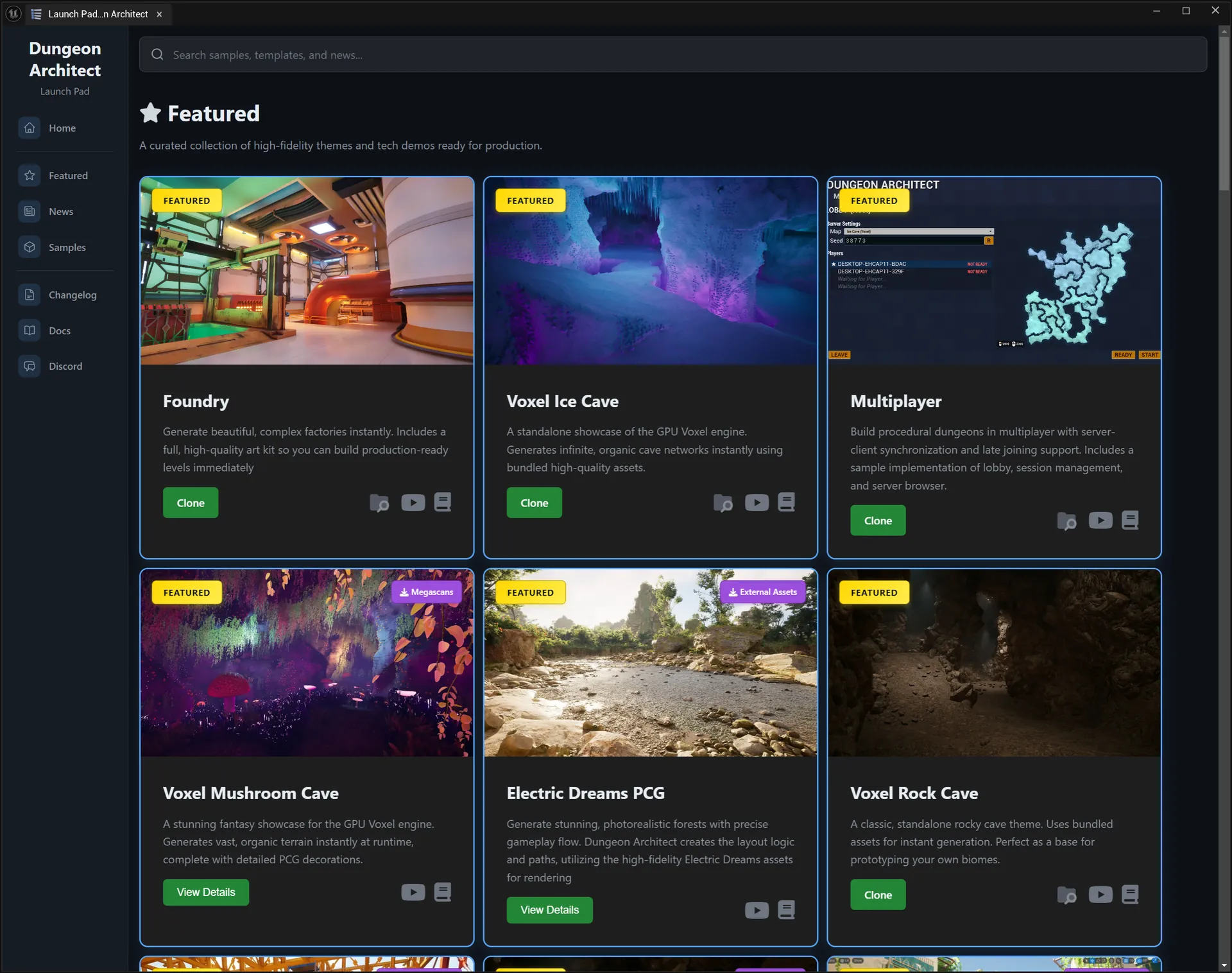 Dungeon Architect Launch Pad — featured samples and themes