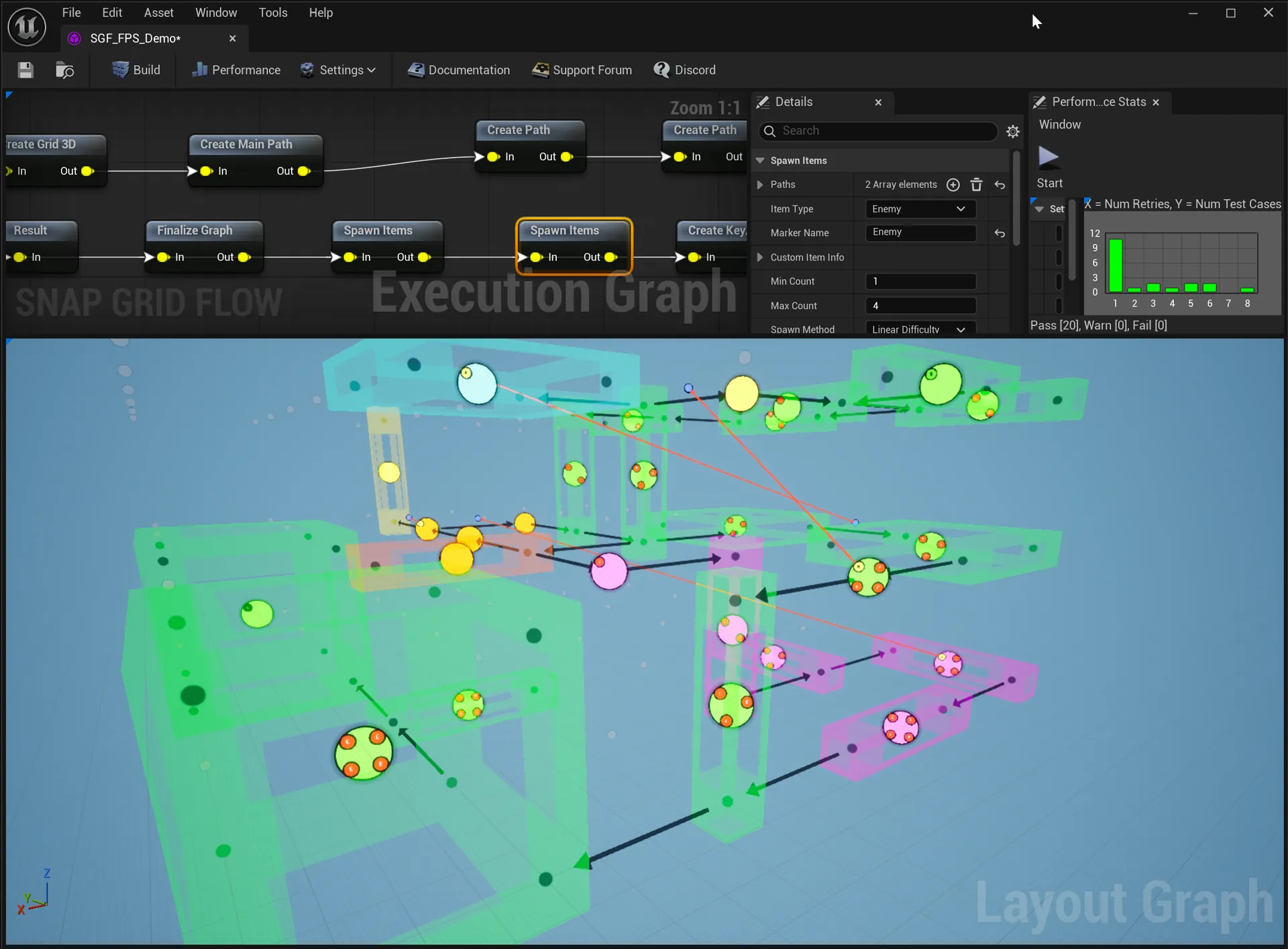 Snap Grid Flow editor — execution graph and 3D layout graph