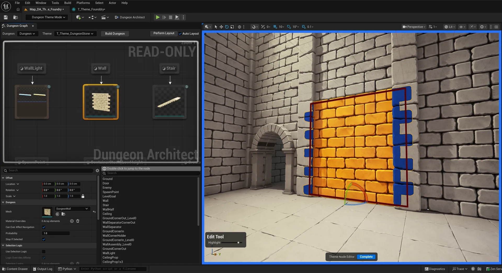 Dungeon Theme Mode — editing a wall mesh directly in the viewport, every wall updates live