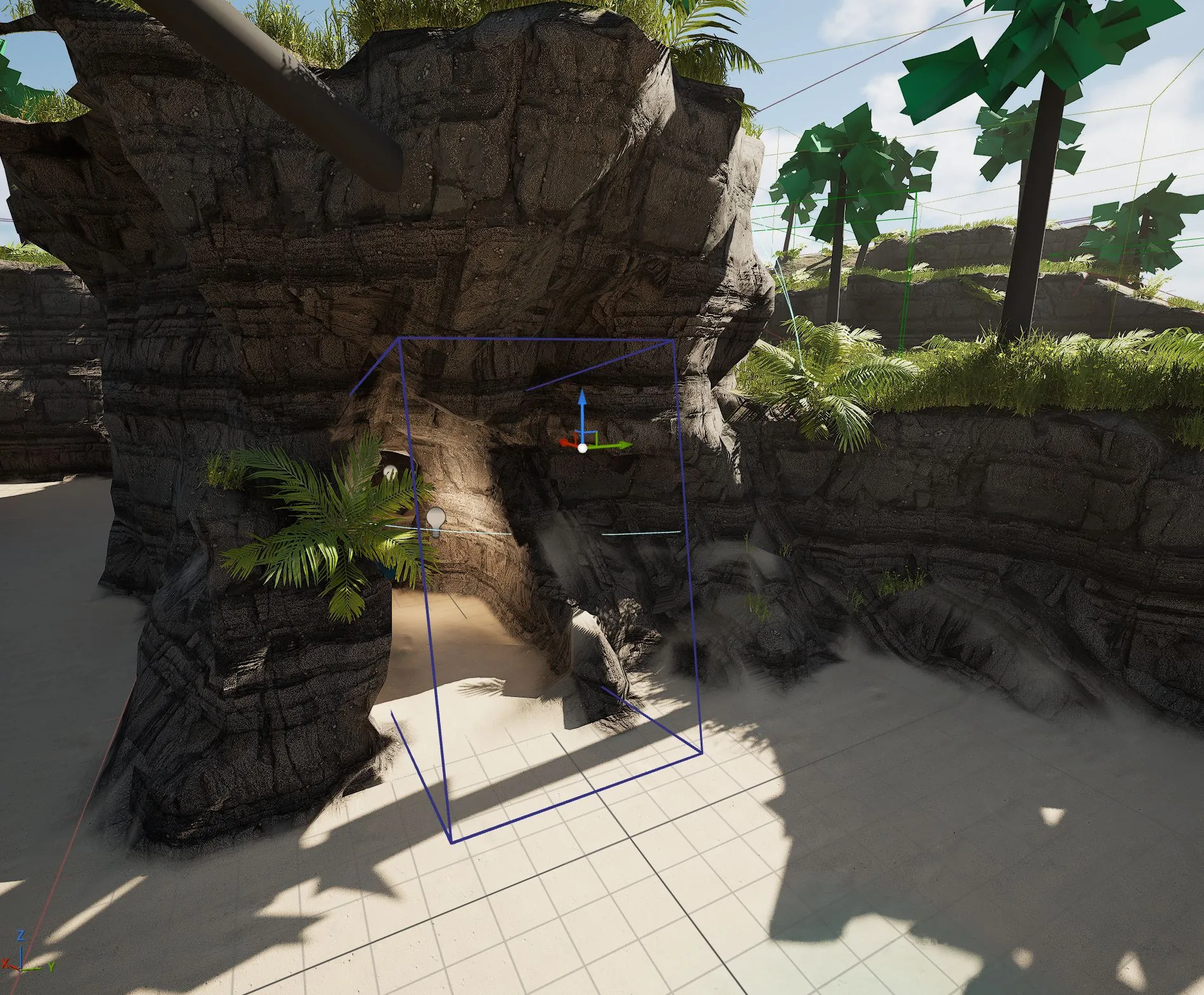 A carve volume placed against the island rock in the editor