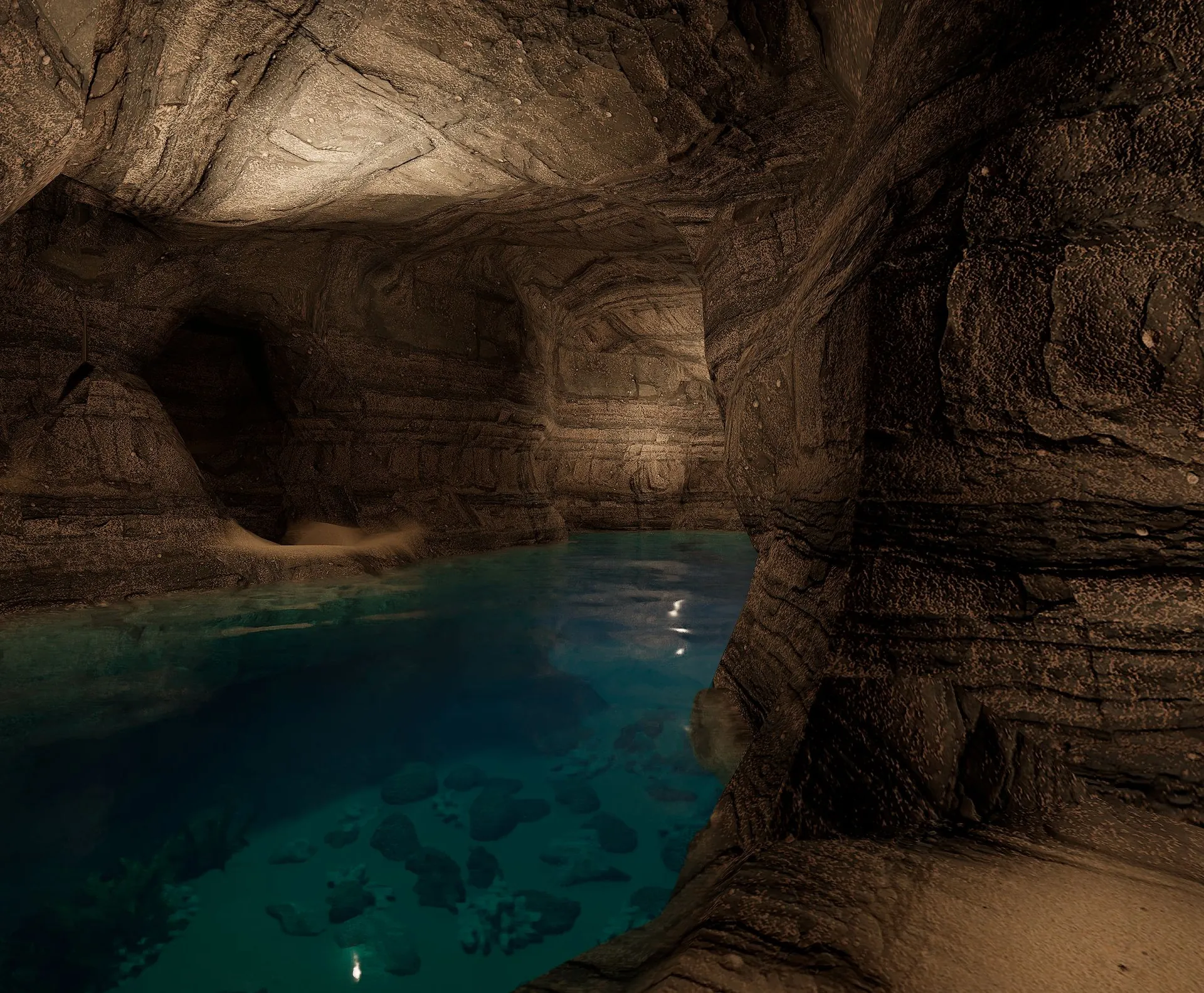 Inside the carved cave — an underground pool