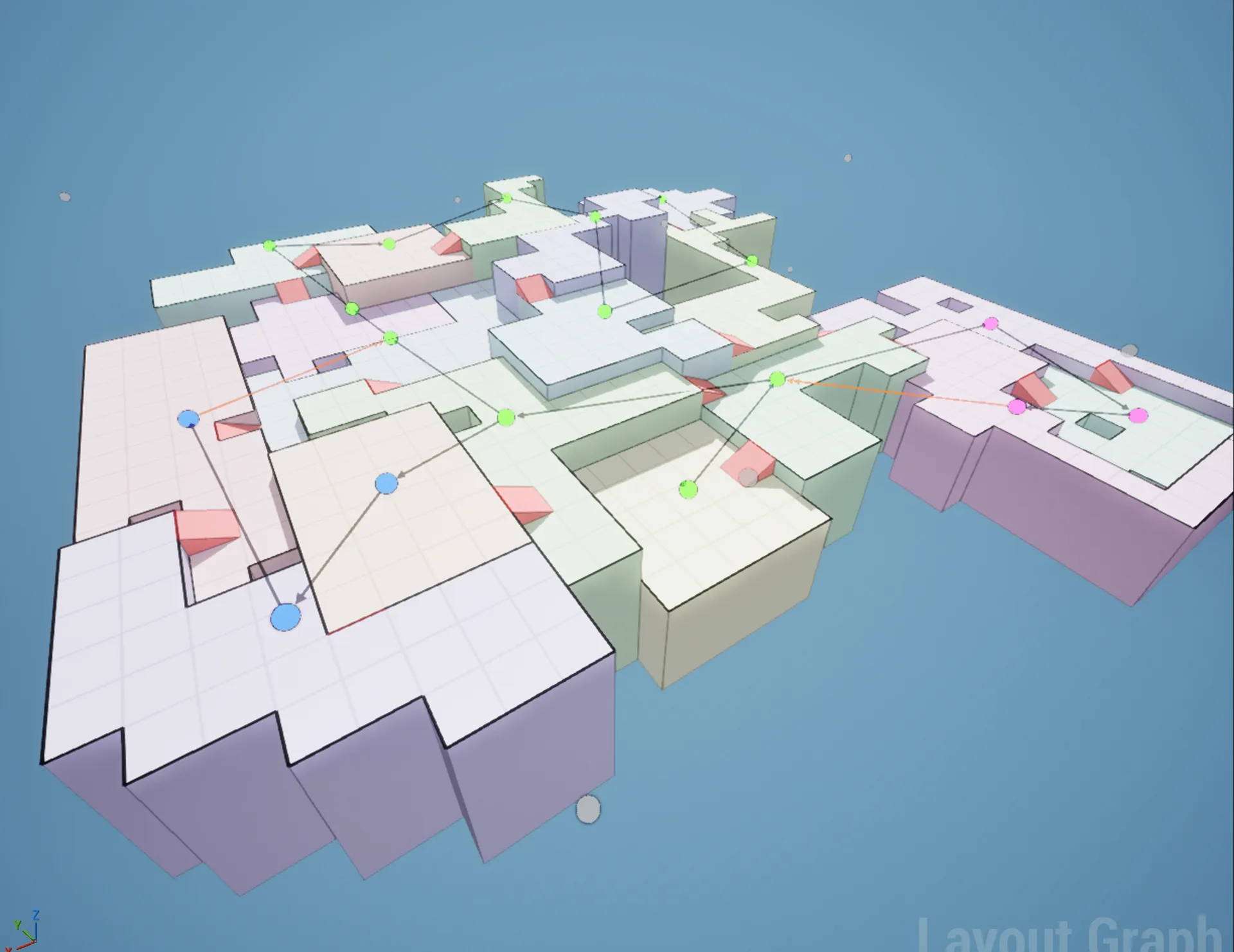 Solved layout graph over blocky room volumes