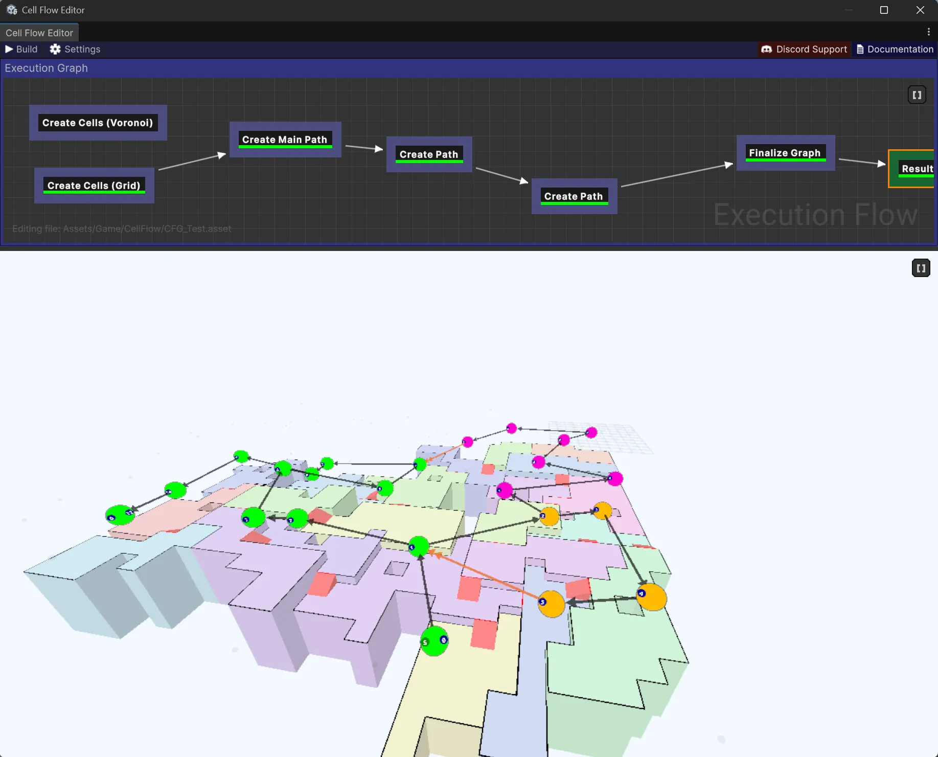 Cell Flow editor — grid cells with solved path graph