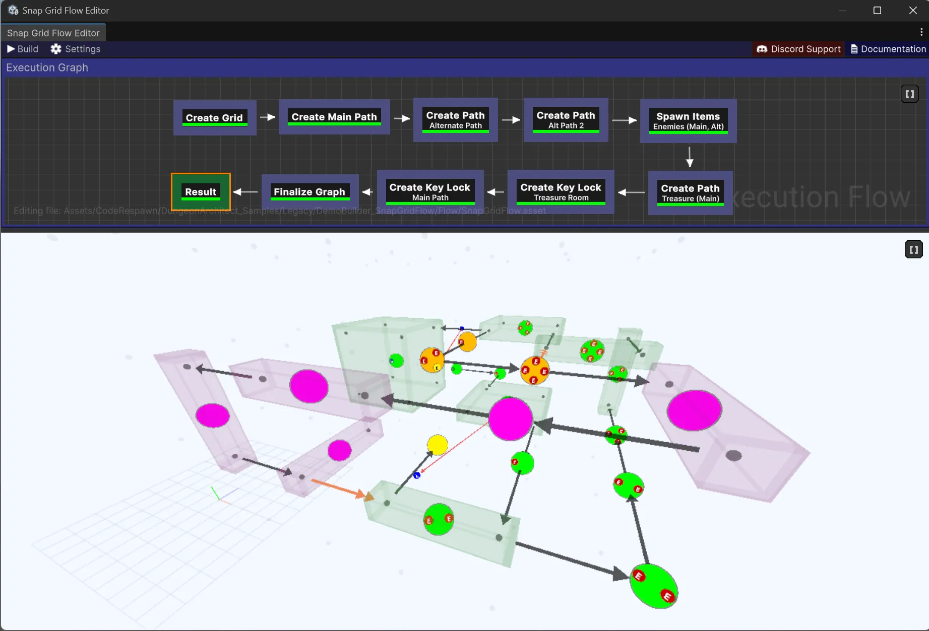 Snap Grid Flow editor — execution graph and 3D layout graph