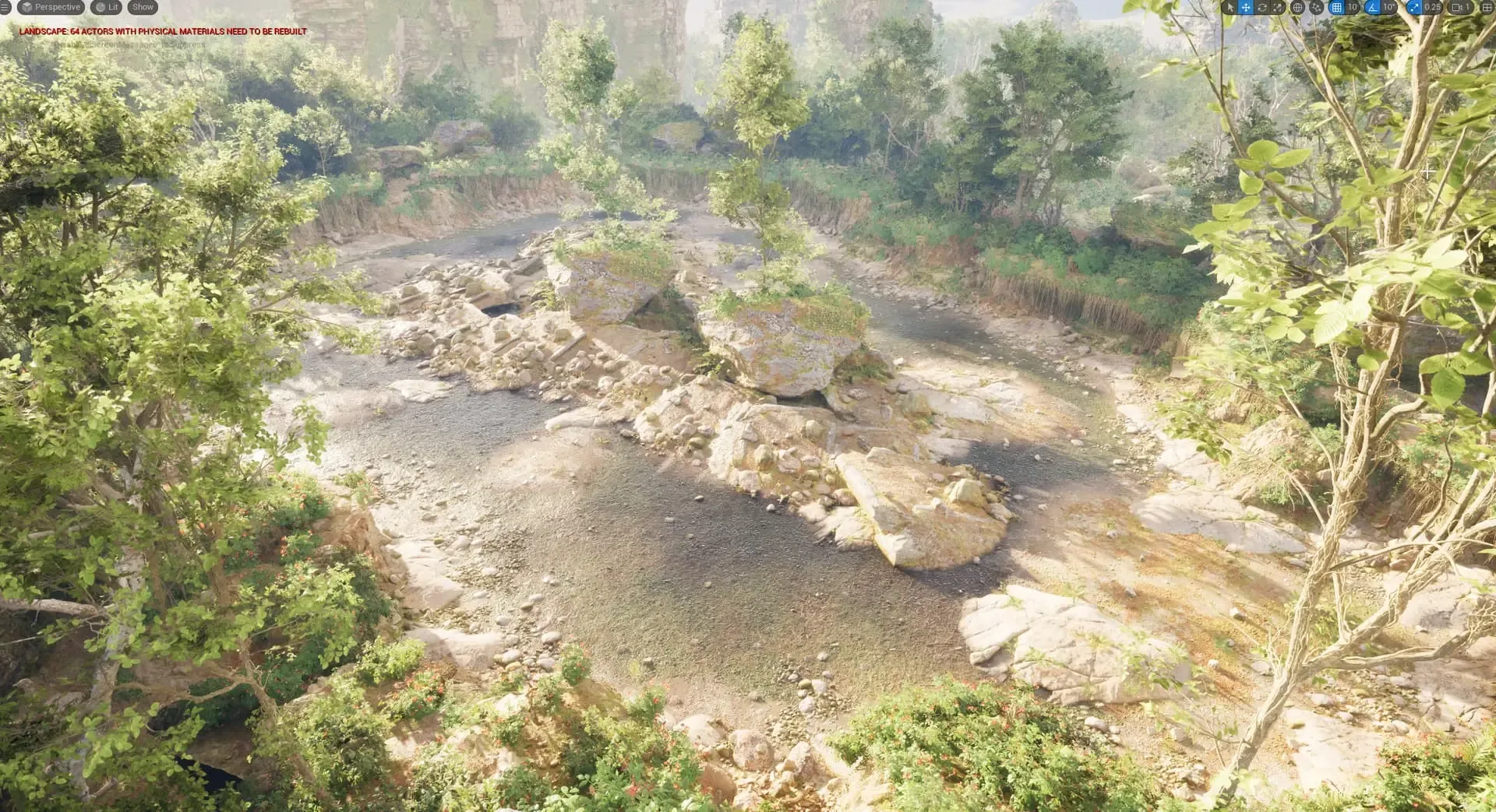 A forest ravine in Epic's Electric Dreams environment, laid out by Dungeon Architect's Snap Map builder and dressed by PCG