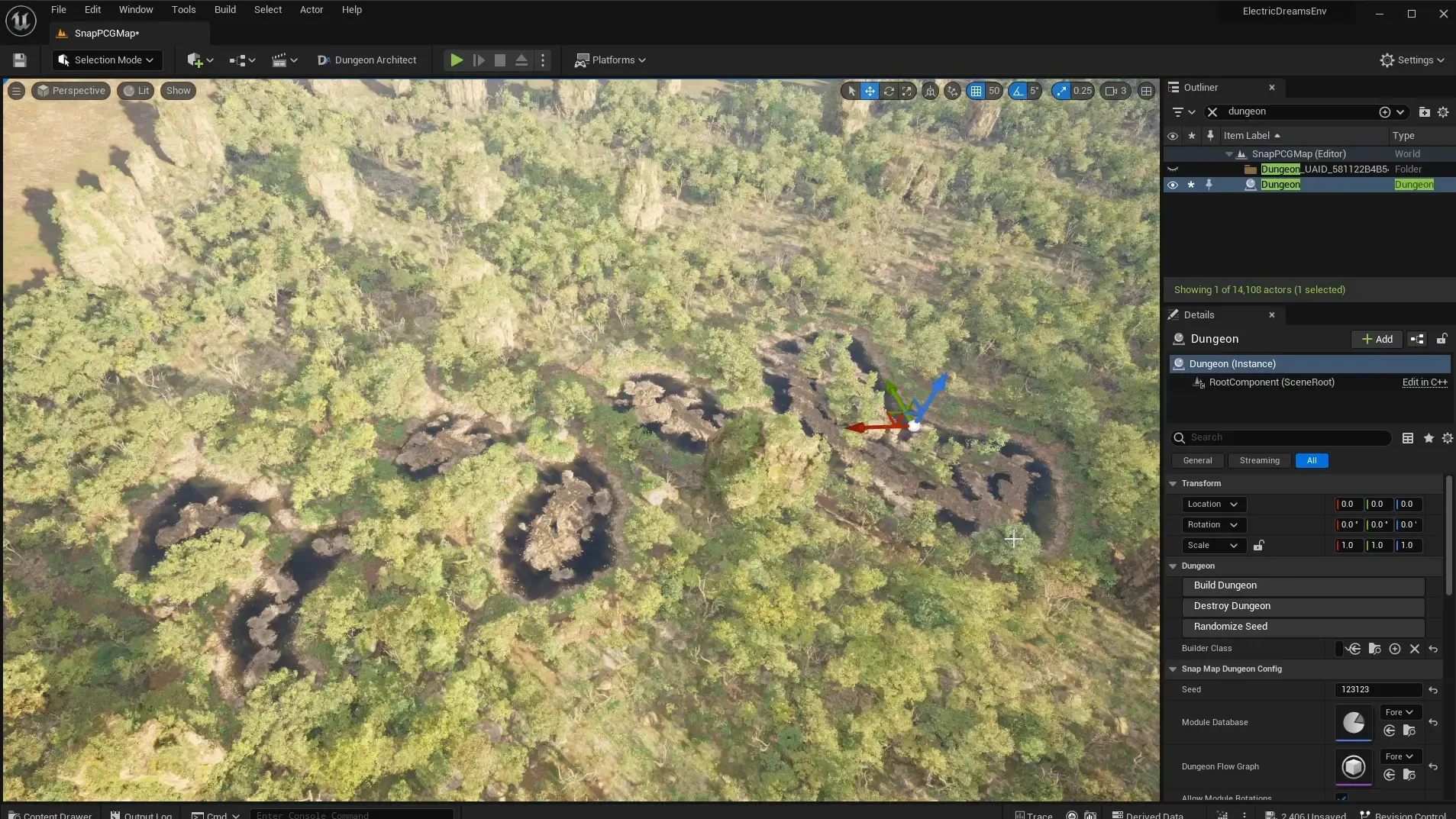 The Snap Map dungeon actor selected in the Unreal editor, its ravine modules winding through the Electric Dreams forest