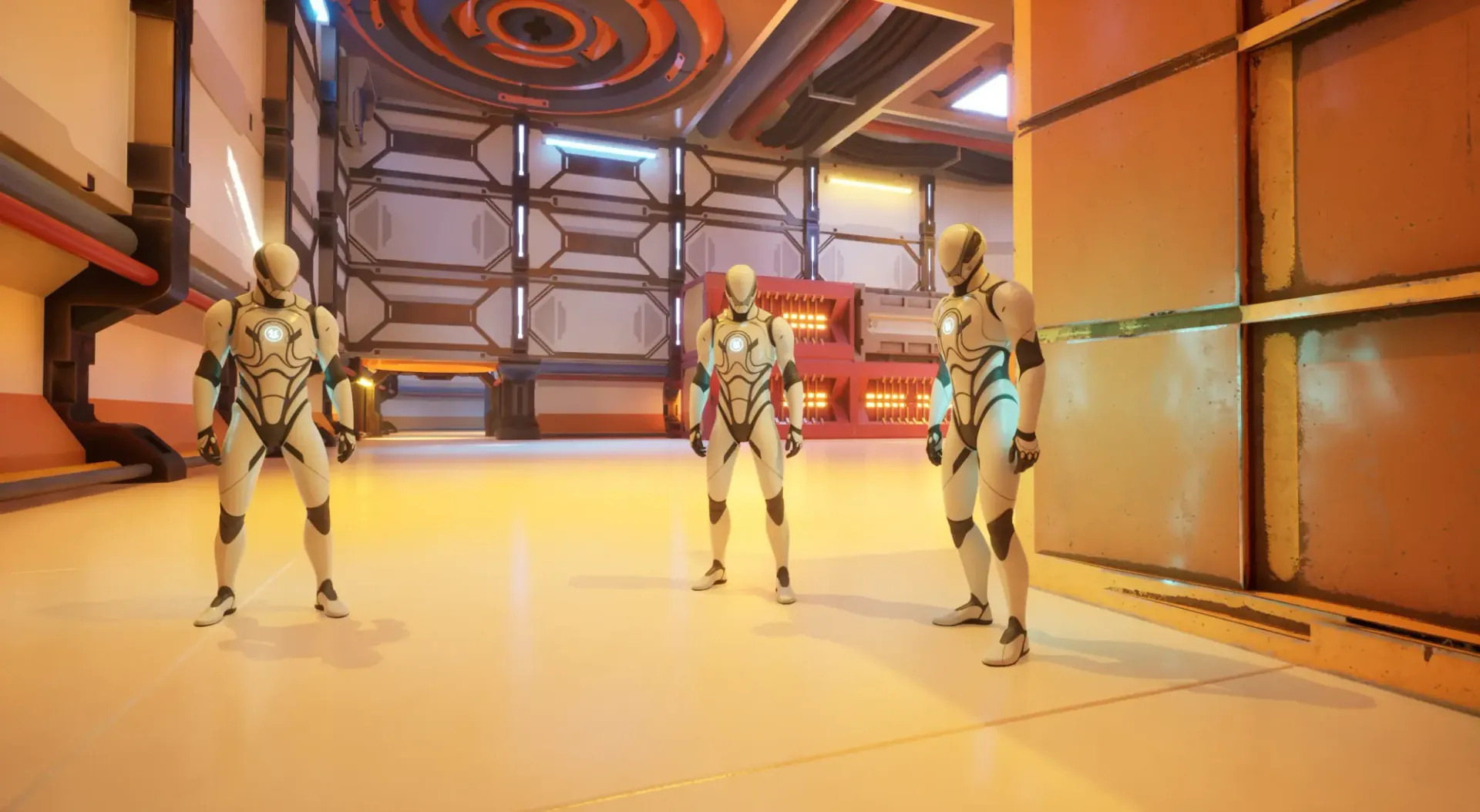 Three players standing together in a sci-fi corridor of a dungeon built by the multiplayer sample