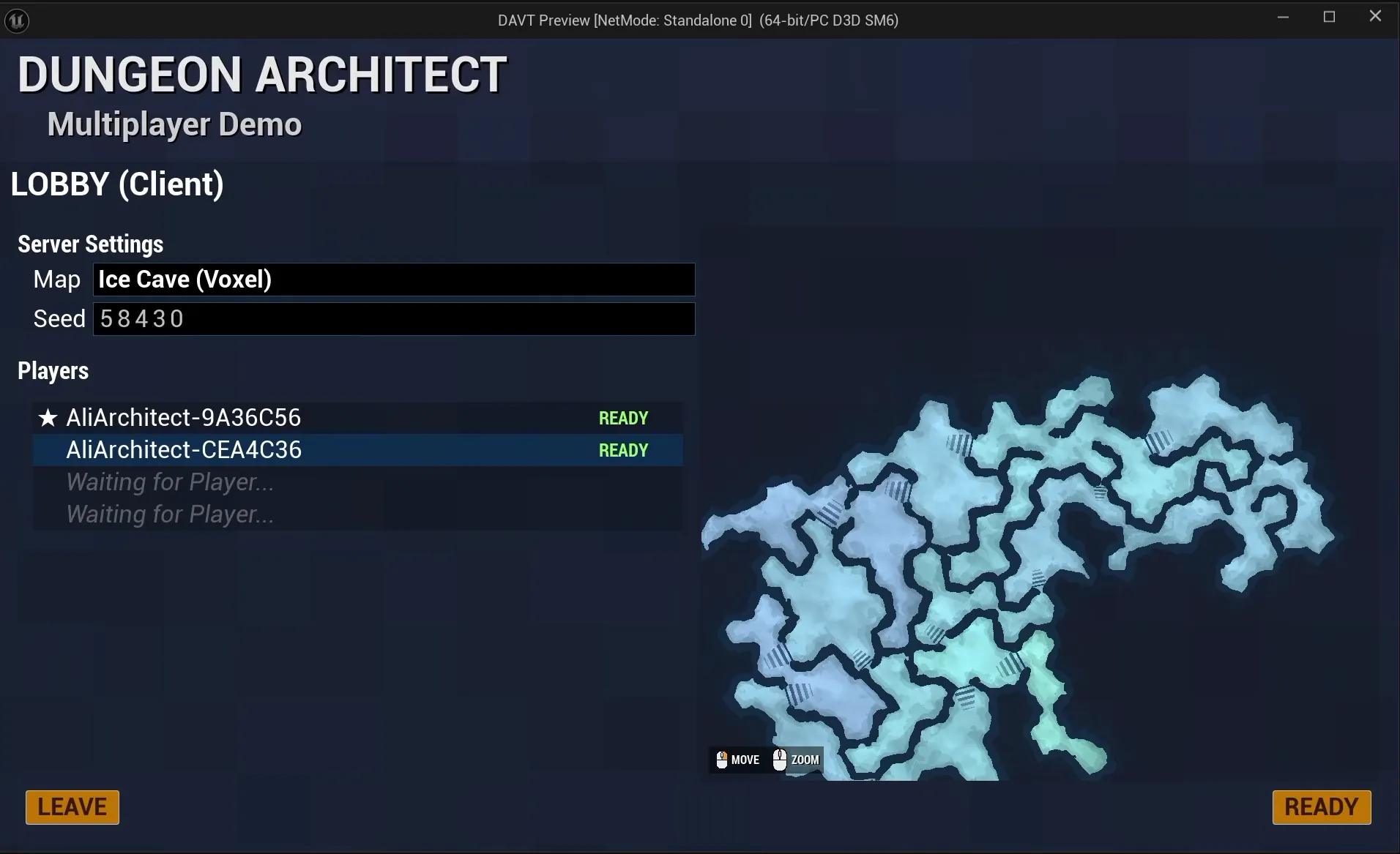 The multiplayer demo lobby: server settings with the Ice Cave (Voxel) map and a seed, two ready players, and a live map preview of the cave layout