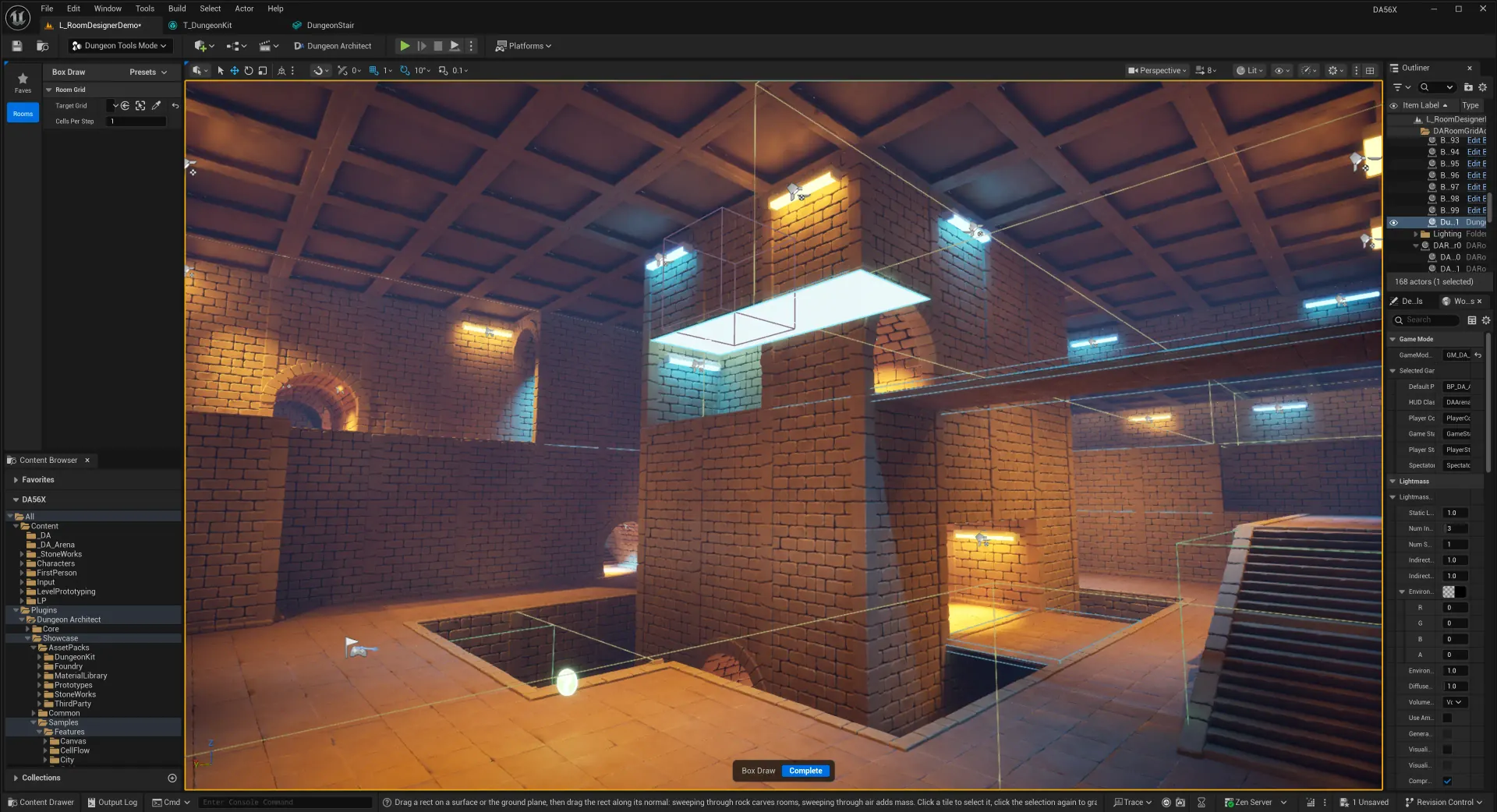 Room Designer — drawing box volumes to shape a themed dungeon room in the editor