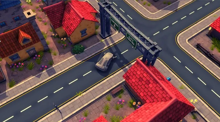 Toon city with roads and a driving car