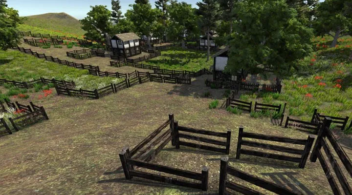 Village outskirts with fences and fields